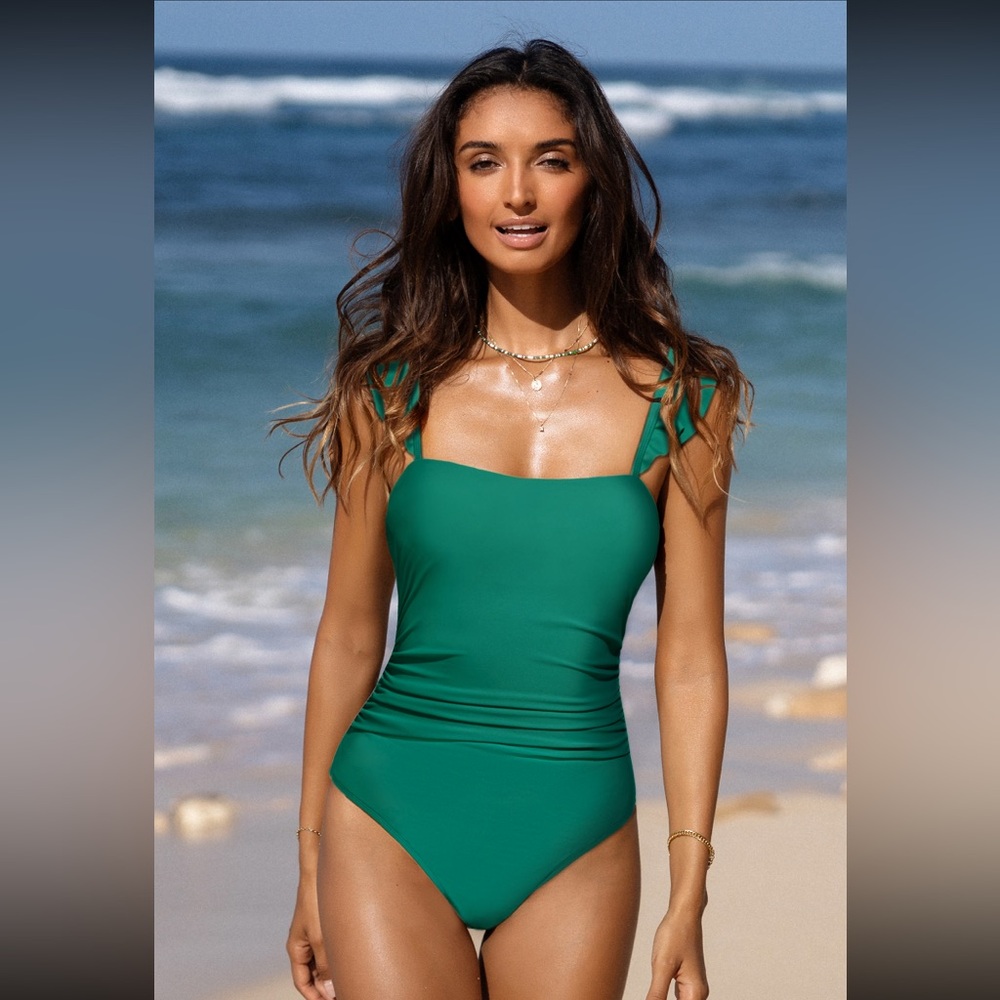 BRAND NEW, NEVER WORN Cupshe Emerald Flutter Ruched One-Piece Bathing Suit.